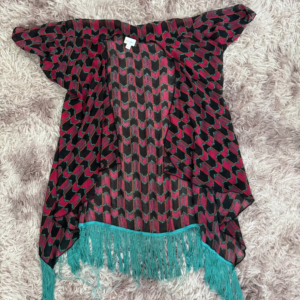 Lularoe Monroe Kimono (Black/Teal/Orange Abstract Design & Bright Teal Fringe)